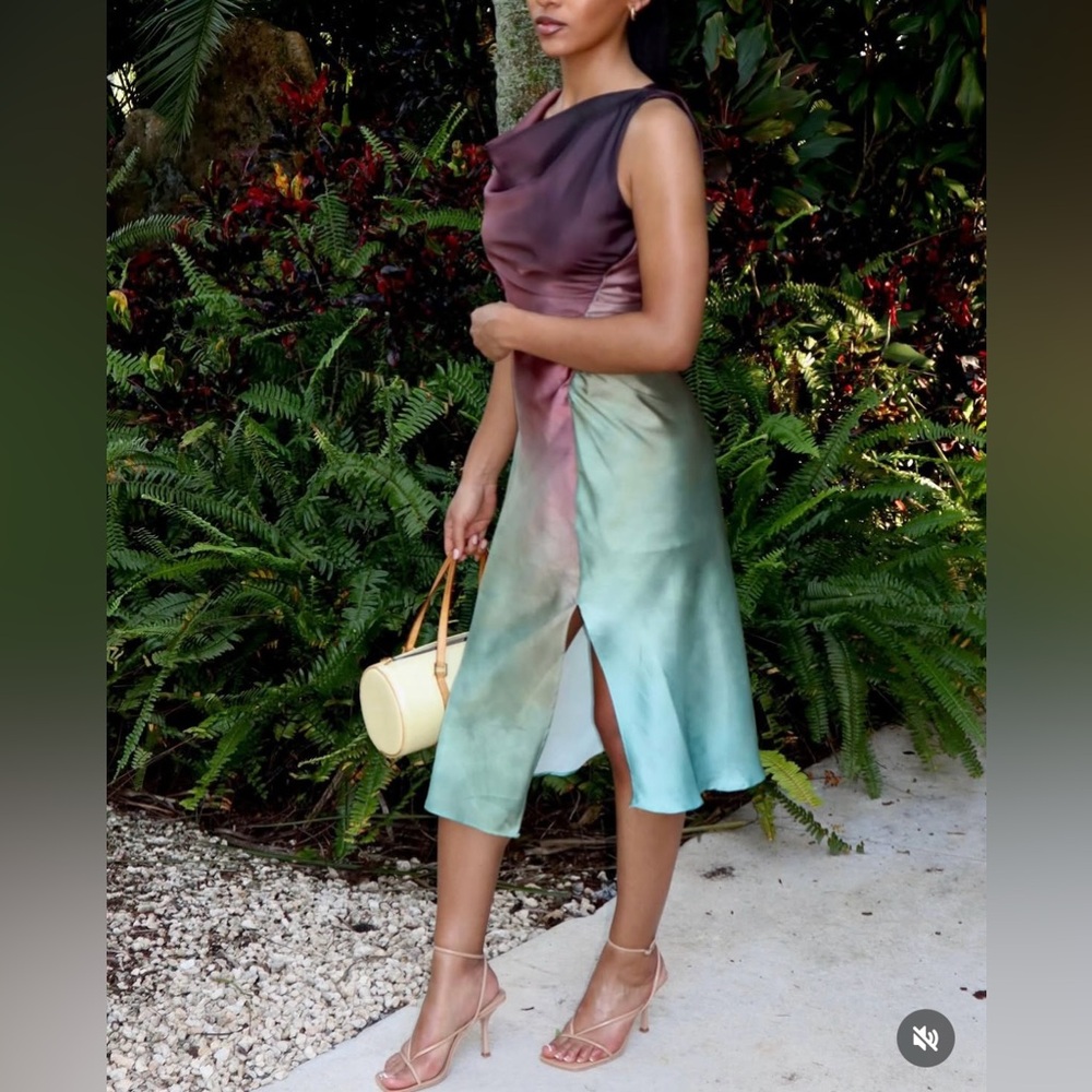 Zara dress midi satin tie dye fitted bodycon casual evening wedding cowl neck - Picture 3 of 13